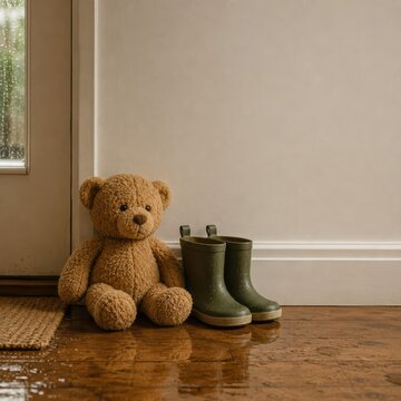 Teddy Bear Beside Childrens Rain Boots in Wet Home Entryway