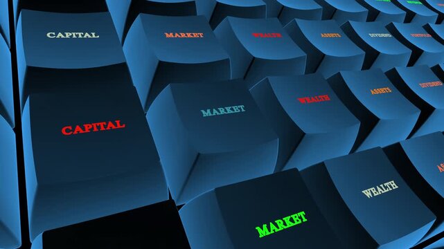 An illuminated blue key animation highlighting profit, invest, capital, market, and wealth text concepts for finance and trading.
