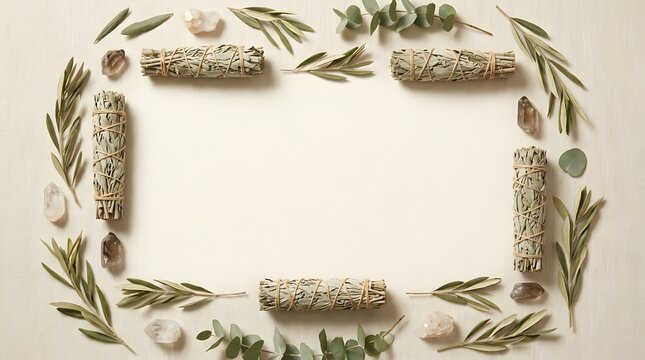 Sage smudge sticks with dried leaves and crystals on light background for holistic wellness border.