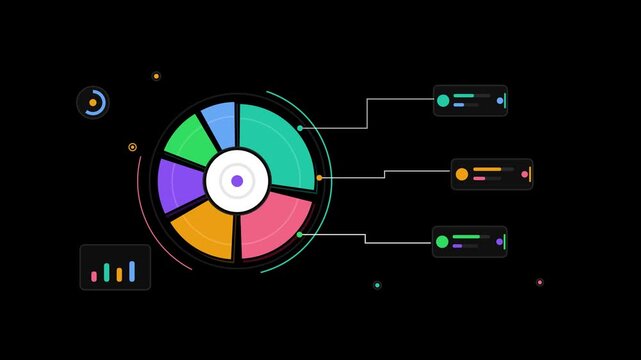 Animated circle charts and data visualization elements on dark background