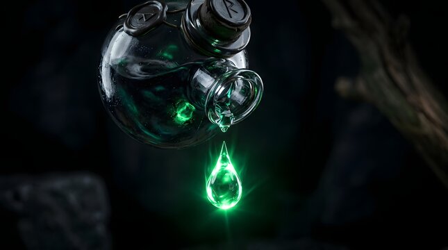 Magic potion bottle with glowing green liquid drop on dark background for fantasy alchemy concept.