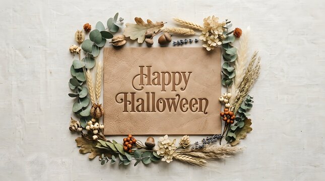 Happy halloween greeting card with natural floral wreath and dried plants on neutral texture.