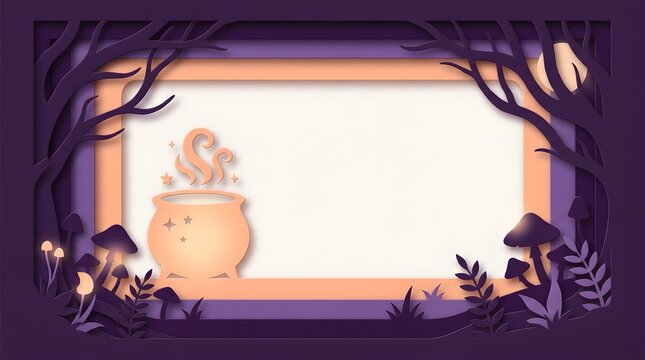 Layered paper craft frame with magical cauldron and spooky forest silhouettes for halloween design.