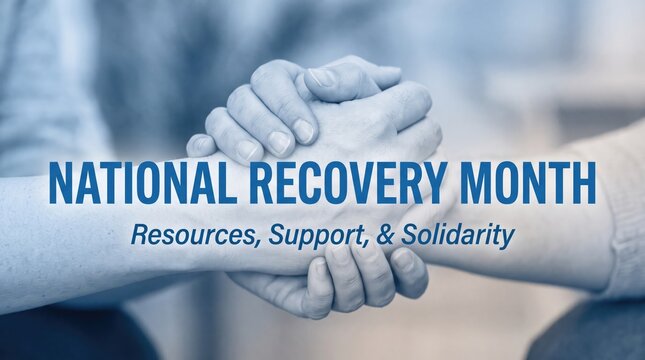 National Recovery Month photo banner showing close up of hands holding in support and solidarity