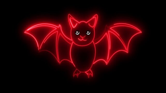Neon bat vector graphic glowing brightly in the dark night with spooky Halloween celebration themes and red fluorescent lines forming the animal shape in a vibrant digital art style for autumn design.