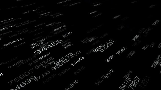 A dynamic numerical data stream animation suitable for cybersecurity hacking themes, financial stock market visualizations, and matrix sci-fi intros.