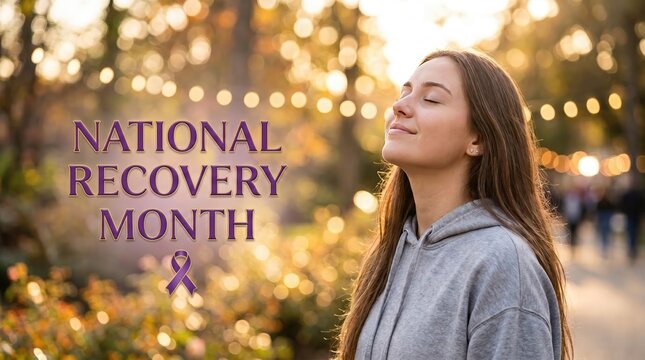 Happy young woman enjoying nature sunset for National Recovery Month hope and healing concept