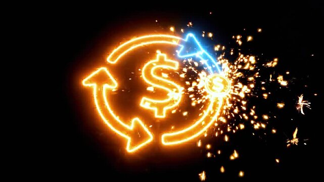 Orange neon money transfer icon with dollar symbol, circular arrows and glowing particles on dark background, fintech finance concept.