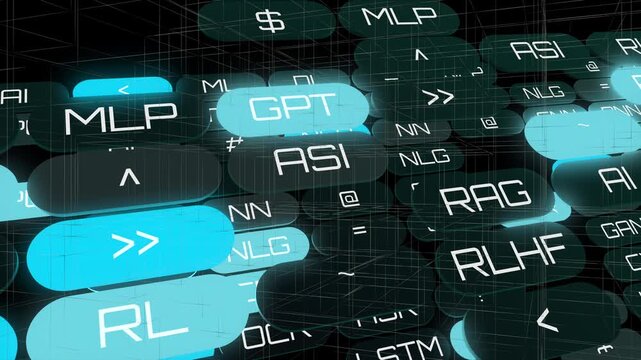 A layered AI terminology grid animation showing glowing machine learning tech labels across a wireframe data wall matrix.