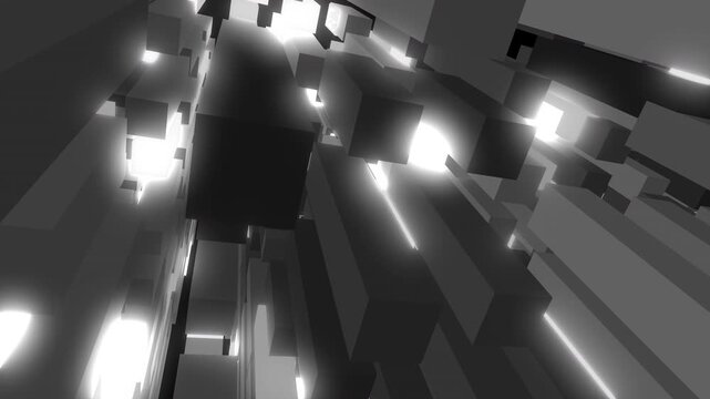 A monochrome 3D architectural animation depicting a rhythmic pulsing corridor of geometric blocks and glowing light elements.