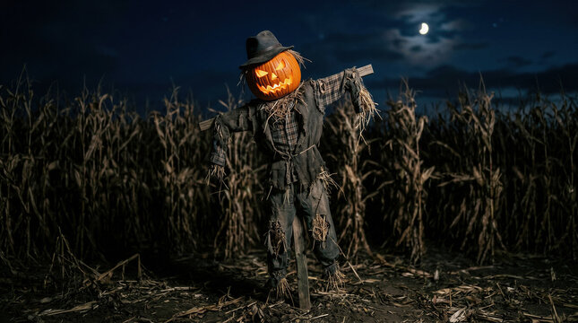 Scary scarecrow with glowing jack-o-lantern head standing in a dark cornfield at night under the moon. Spooky Halloween character for autumn holiday celebration and horror concept.