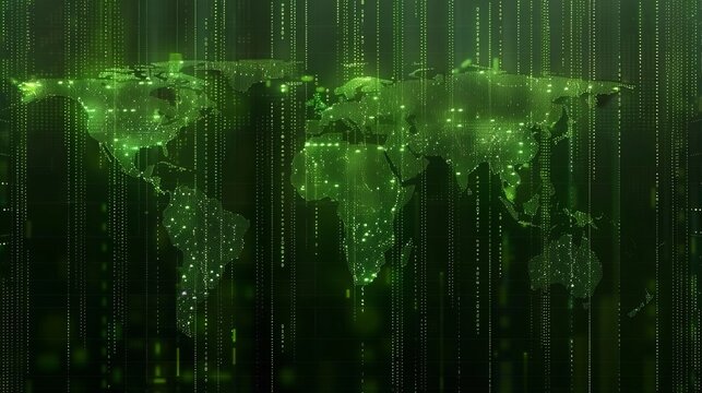 Dark background infographic of emerging markets with green pipeline network and oil resources
