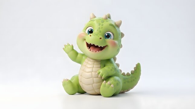 Cute green cartoon dragon waving on a white background