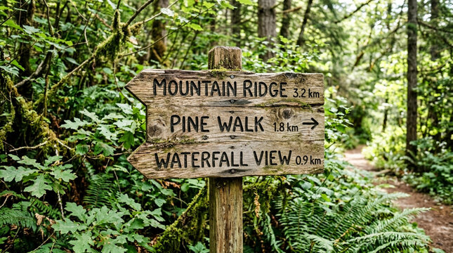 Wooden forest trail sign pointing directions to mountain ridge, pine walk, waterfall view