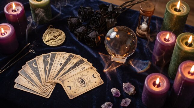 Mystical tarot cards with crystal ball and candles on dark velvet altar