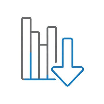 Minimalist icon featuring a gray bar chart and a blue downward arrow on a black background, representing financial decline or negative data trends.