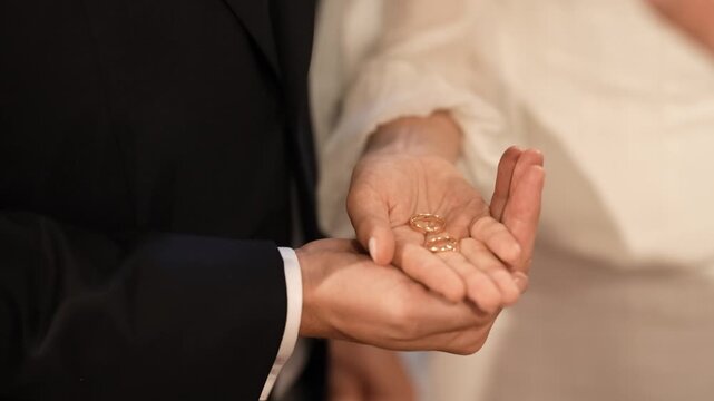 Priest reaches for gold wedding rings held in an open palm during a church ceremony