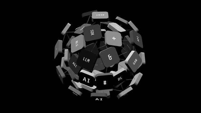 A 3D rotating globe made of floating keyboard keys displaying AI terminology and machine learning acronyms