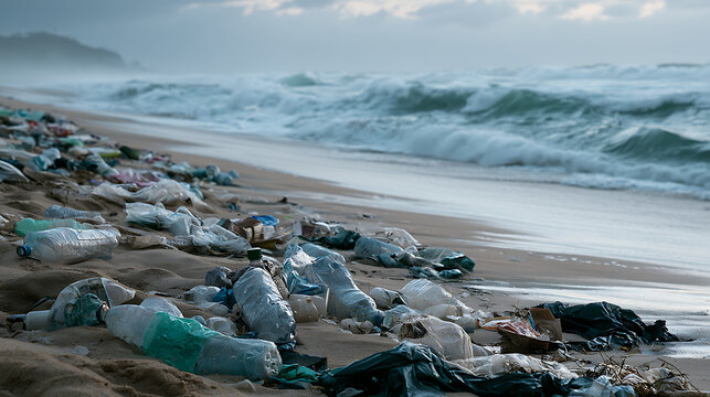 D&eacute;chets plastiques sur une plage avec des vagues en arri&egrave;re-plan