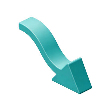 A 3D curved teal arrow pointing downwards, symbolizing decline or recession, isolated on a black background.