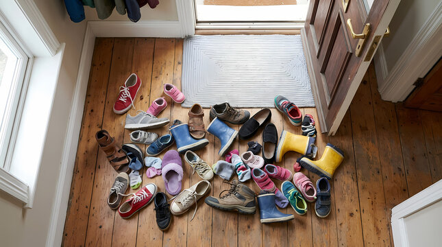 A large collection of colorful footwear scattered across the hallway floorboards near the front door showing the chaos of a busy family home life with many different pairs of shoes and boots