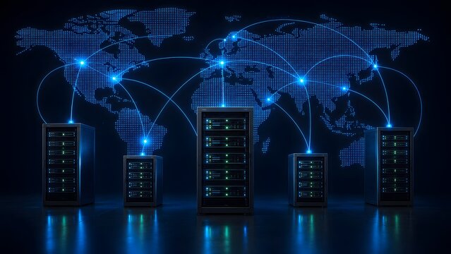 Illuminated server racks connected to a glowing digital world map background illustrating global internet infrastructure network and international data hosting
