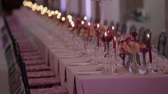 Candlelit banquet table set with red taper candles flowers and crystal wine glasses