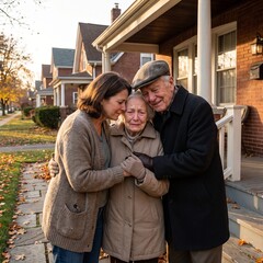 Fototapeta premium Adult daughter saying goodbye and hugging her emotional elderly parents outside their suburban home in autumn