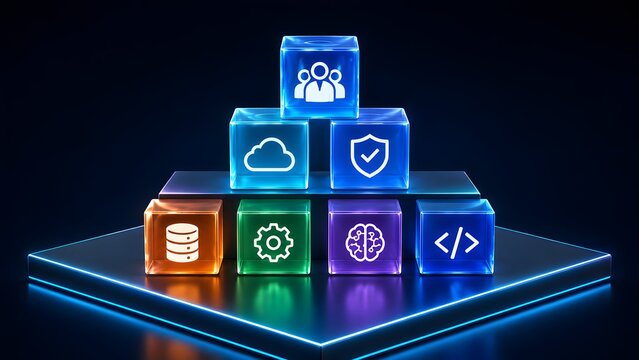 Glowing digital cubes stacked in a pyramid displaying cloud computing security and artificial intelligence icons representing software integration