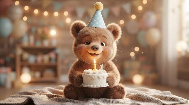 Adorable teddy bear with birthday cake in festive setting