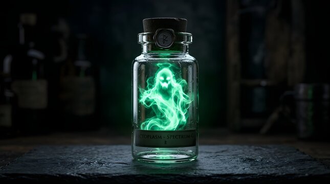 Captured green ectoplasm ghost spirit inside glass apothecary bottle on dark stone surface.
