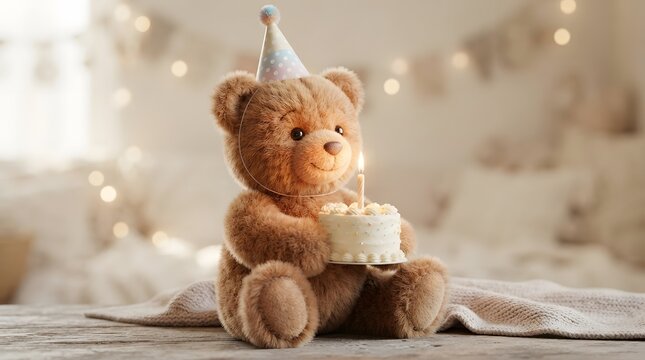 Cute teddy bear with birthday cake in cozy bedroom setting