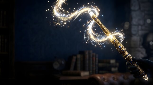 Ornate golden magic wand emitting sparkling glowing trail in dark mystical room.