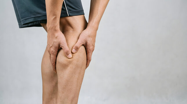 Man Suffering From Calf Muscle Cramp And Pain Relief.