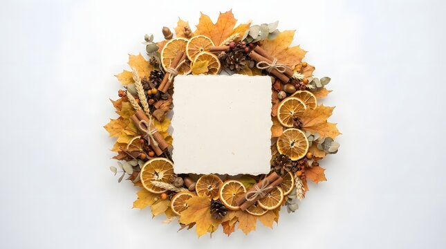 Autumn wreath with dried oranges and leaves on white background