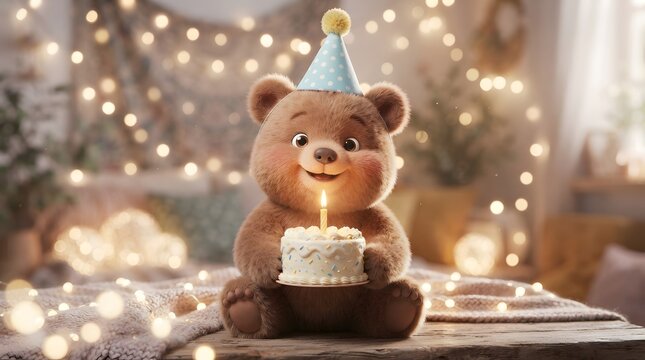 Cute teddy bear with birthday cake and candle in cozy setting
