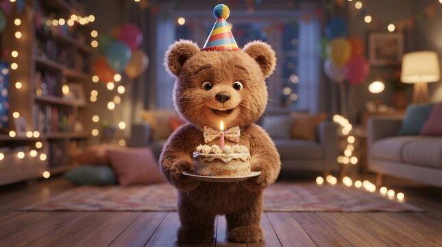 Cute teddy bear with birthday cake in festive living room setting