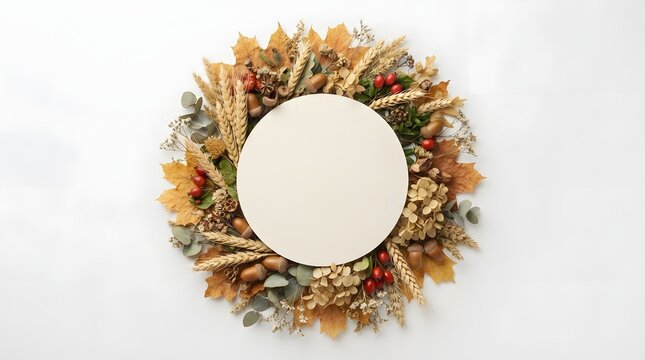Autumn wreath with leaves, berries, and wheat on white background