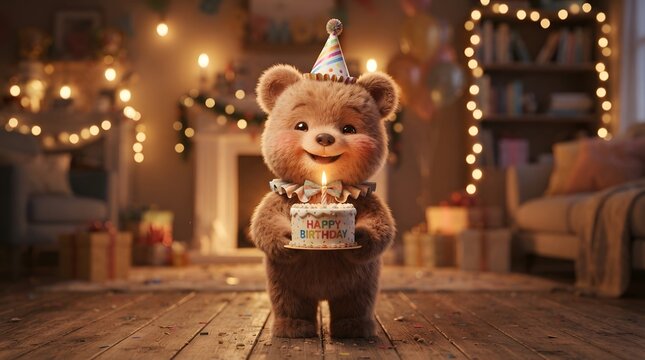 Adorable teddy bear celebrating birthday in cozy festive room