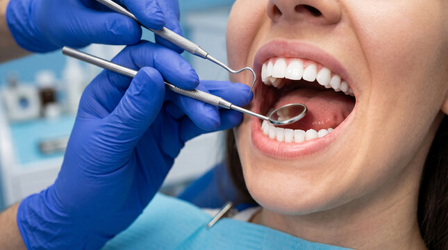 Close-up of a dentist's hands in blue gloves examining teeth with instruments, symbolizing health and care.