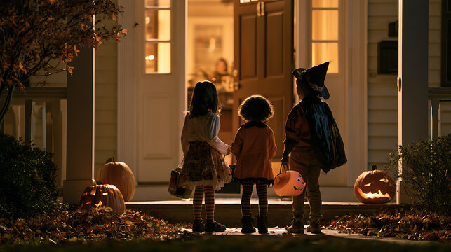 Enfants attendent &agrave; la porte d'une maison pendant Halloween, d&eacute;corations et citrouilles visibles