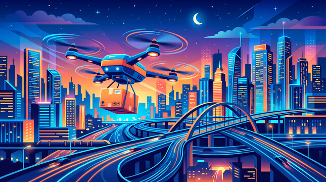A futuristic drone delivers a package over a vibrant city at night, symbolizing modern logistics and urban technology.