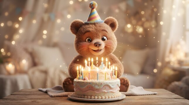 Adorable teddy bear with birthday cake and candles in cozy setting