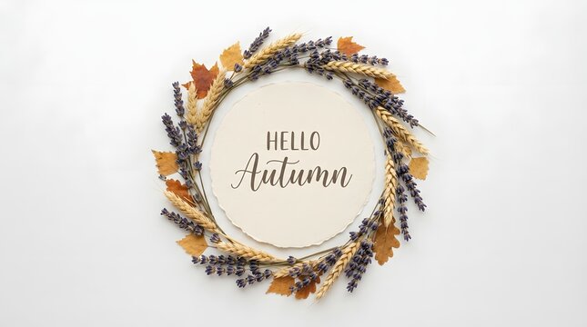Autumn wreath with dried leaves and lavender on white background