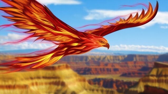 Majestic Fiery Phoenix Soaring Over Grand Canyon