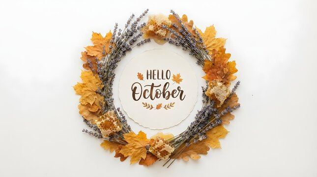 Autumn wreath with orange leaves and rustic elements on white background