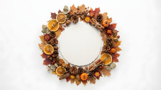 Autumn wreath with dried oranges and leaves on white background