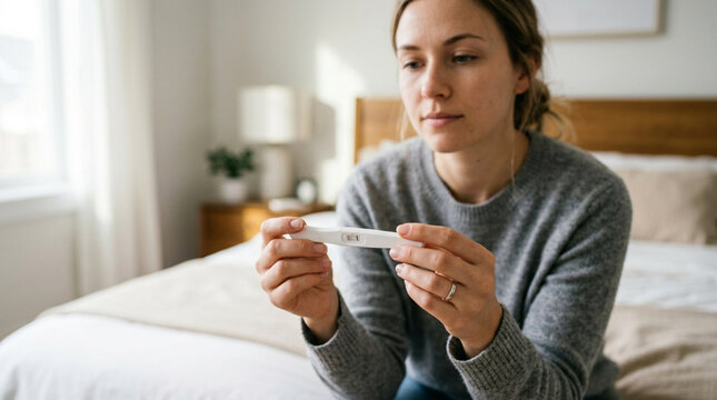 Woman holding pregnancy test with worried expression in bedroom
