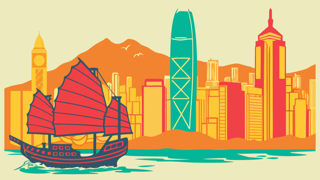 Hong Kong vector skyline silhouette with Victoria Harbour and Bank of China Tower