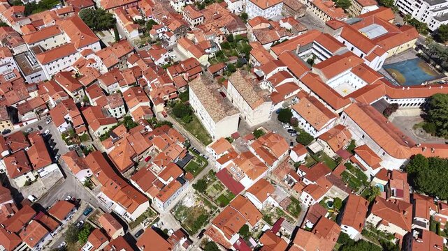 Drone Shot of Koper Slovenia Old Town Buildings and Streets on Hot Summer Day